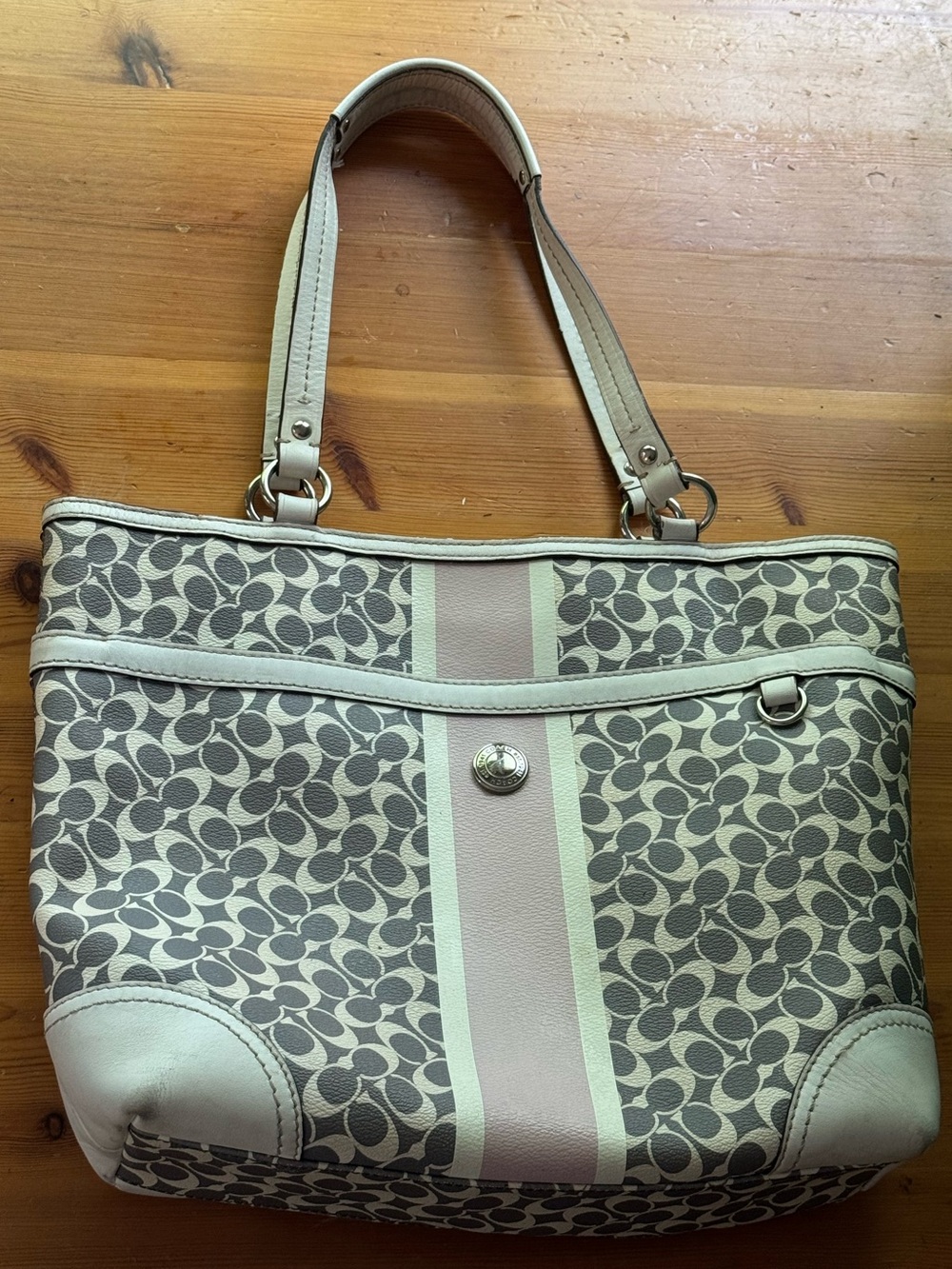 Coach Canvas Tote in Gray, Cream and Pink Stripe